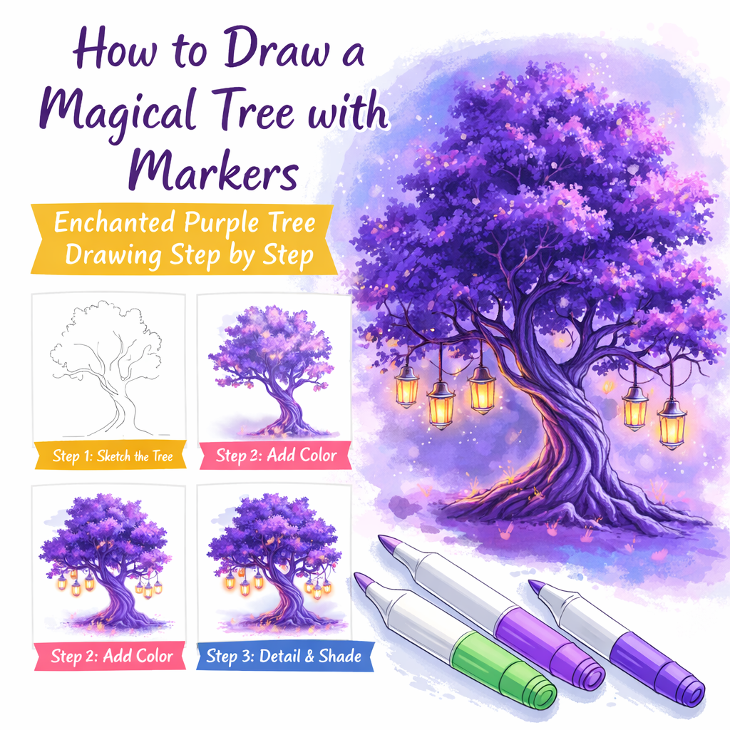 How to Draw a Magical Tree with Markers - Enchanted Purple Tree Drawing Step by Step